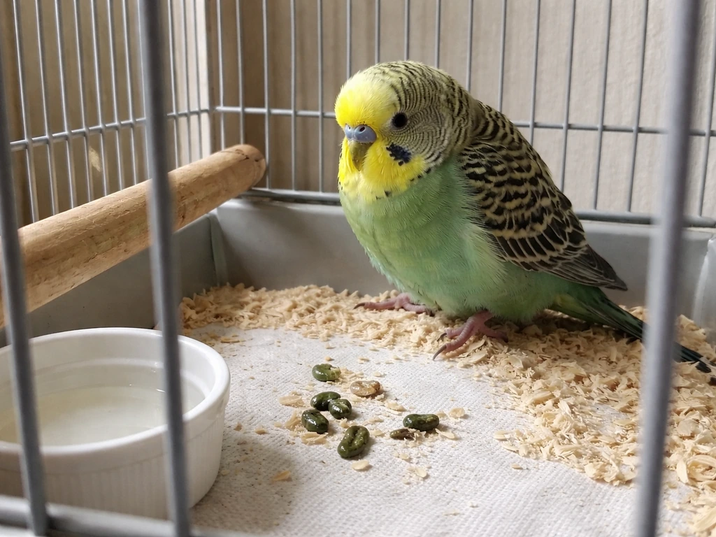 Small parrot fluffed and hunched in a cage with visible droppings on the base, signaling a health warning.