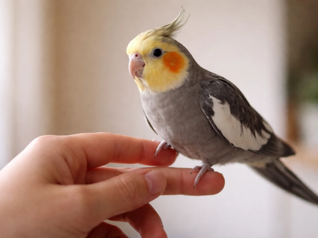 A small bird steps onto an owner’s steady hand held just below its belly indoors.