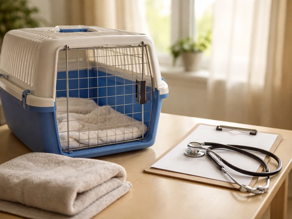 At-home bird carrier on a table with a towel, with a blank clipboard and stethoscope nearby.