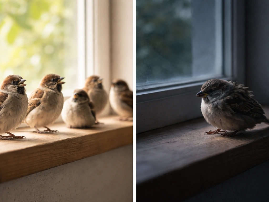 Two-part photo showing calm birds vocalizing in daylight and a distressed bird in a darker, unusual setting.