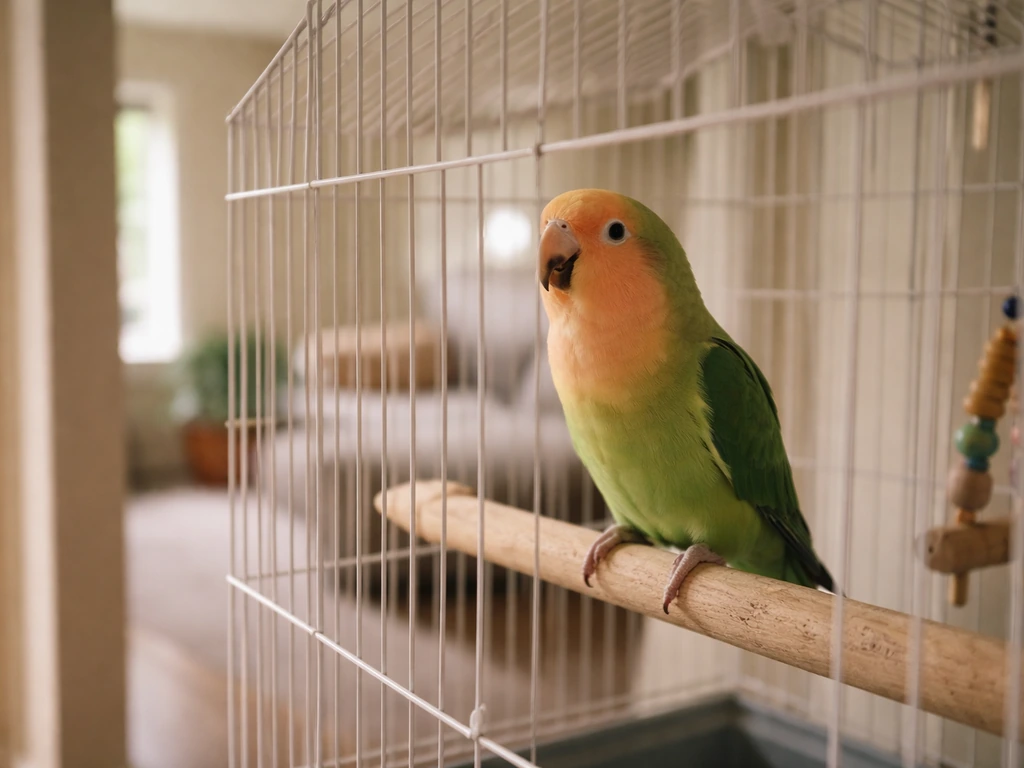 A parrot in a quiet room calls from its cage as if the owner has stepped out.