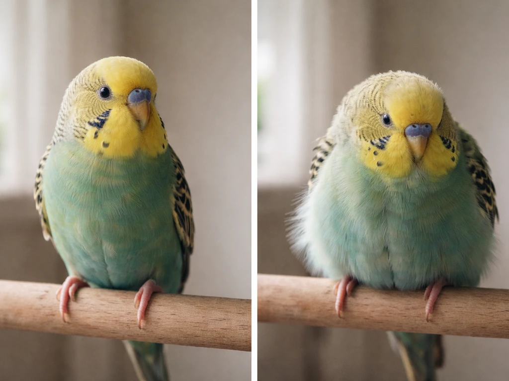Two adjacent small birds: one alert and upright, the other fluffed, hunched, and less active.