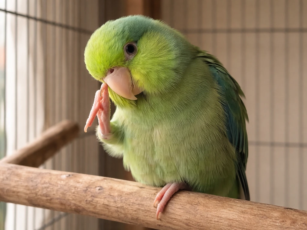 Close-up of a parakeet perched with one foot raised, scratching its head in a normal, non-injured way.