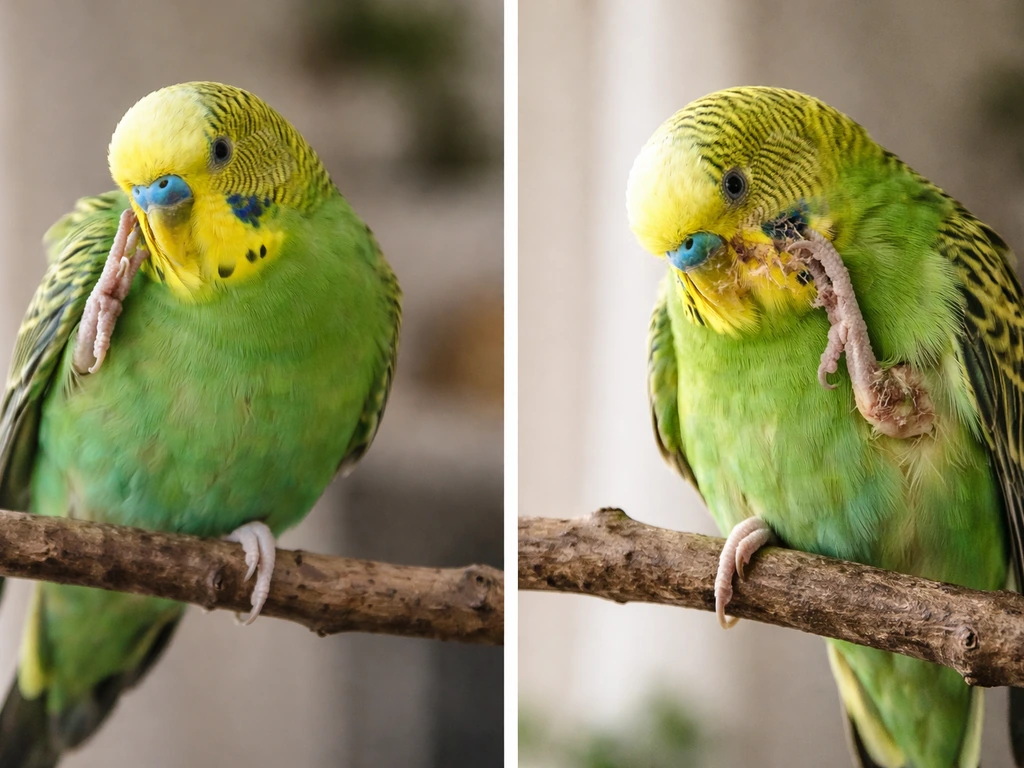 Side-by-side parakeets: brief normal head/neck scratching vs concerning face/leg scratching with mild irritation.