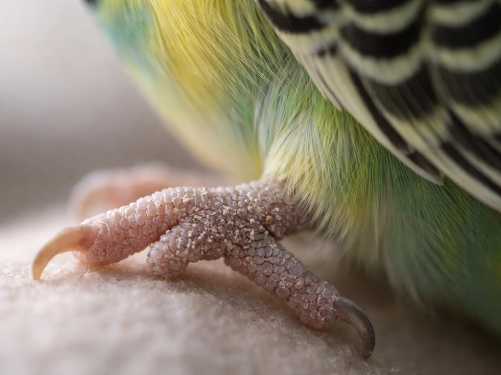 Close-up of a budgerigar’s feather and skin showing subtle scaly crust and tiny mite-like specks, non-graphic.