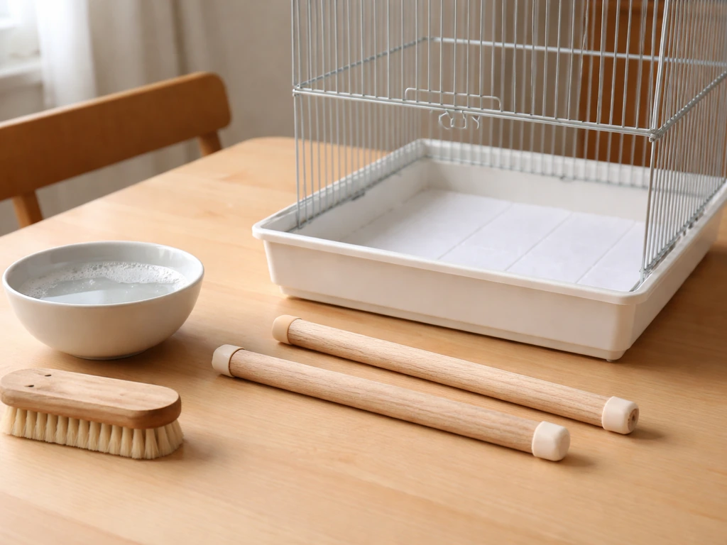 Cleaned birdcage setup with fresh paper liner and scrubbed perches ready to reassemble