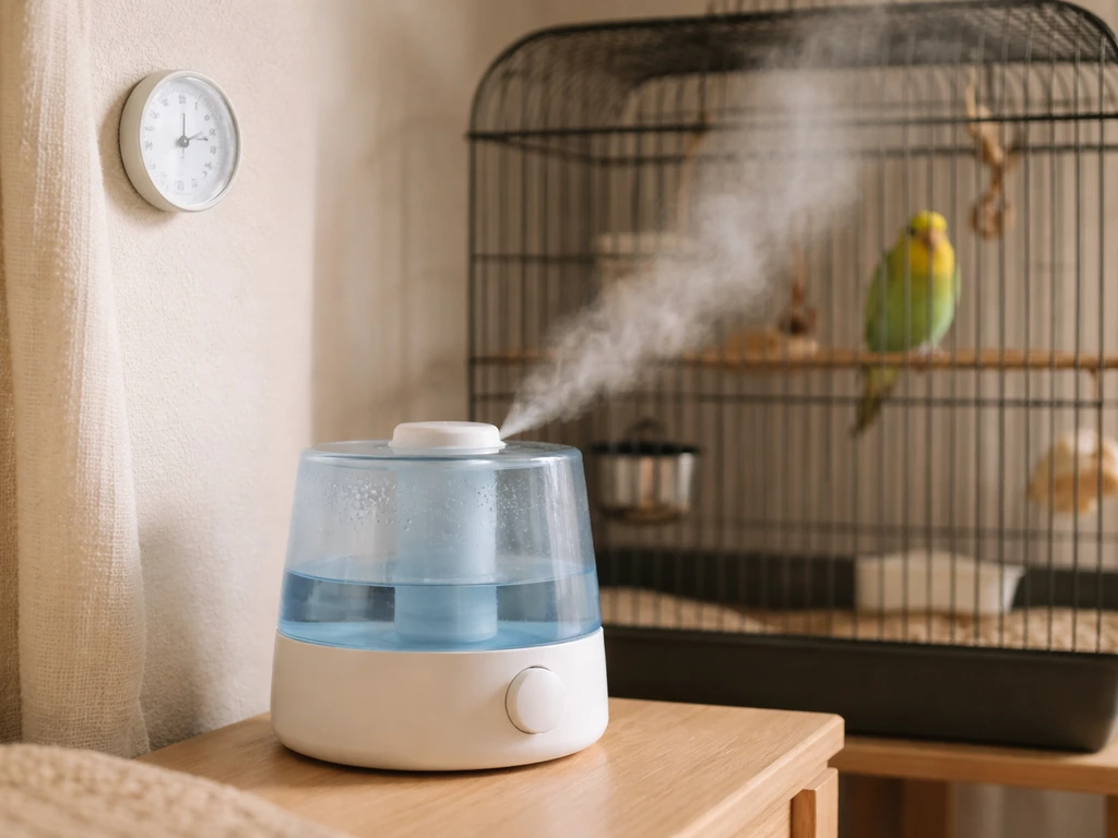 Humidifier and hygrometer near a parakeet cage in a softly lit indoor bird room.