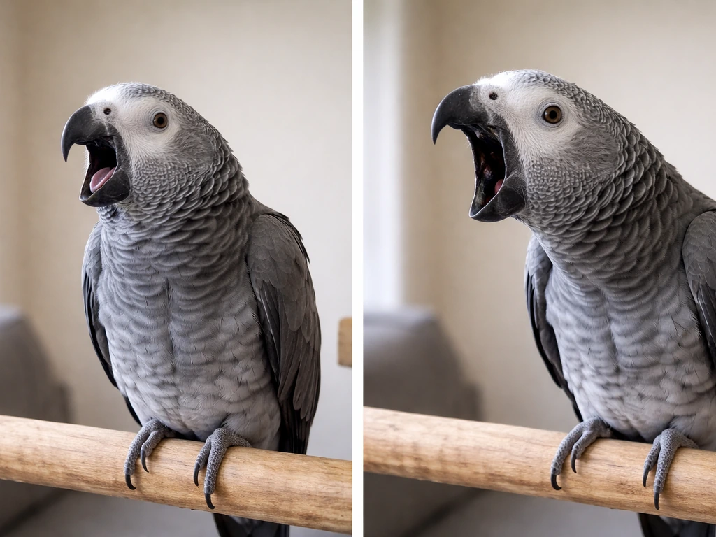 Side-by-side photos of a pet parrot yawning normally vs holding an extended gape.