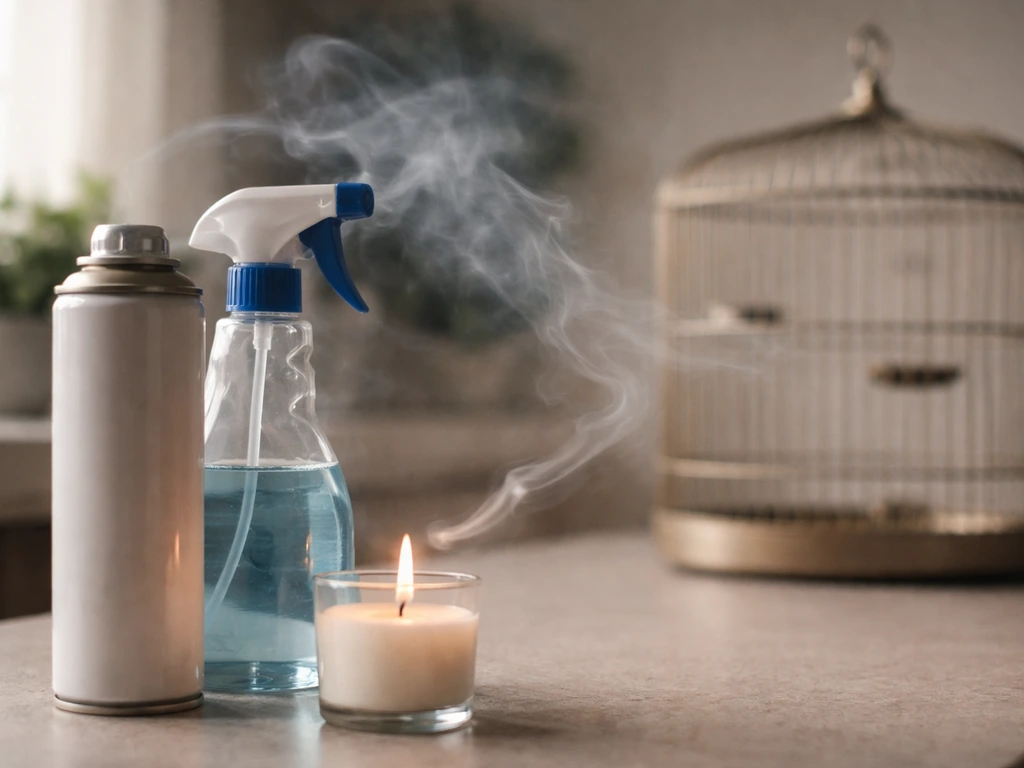 Aerosol can and cleaning spray beside a bird cage with visible smoke from a nearby candle