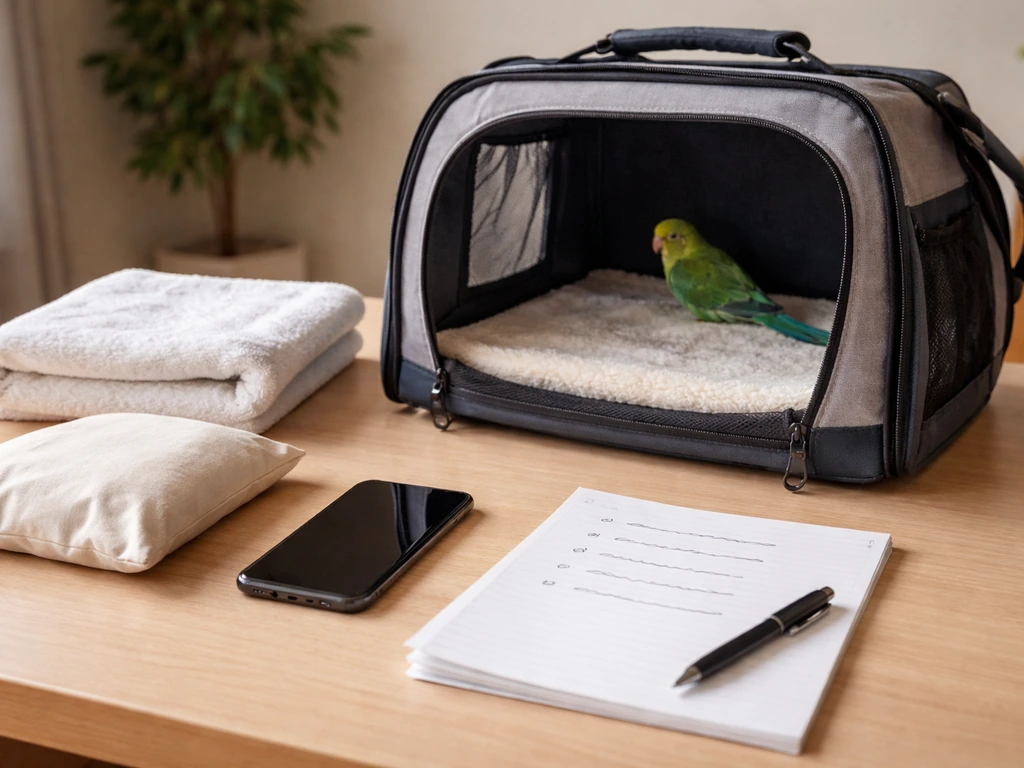Minimal prep scene: phone and notes beside an open travel carrier with a bird, checklist cues for vet call.