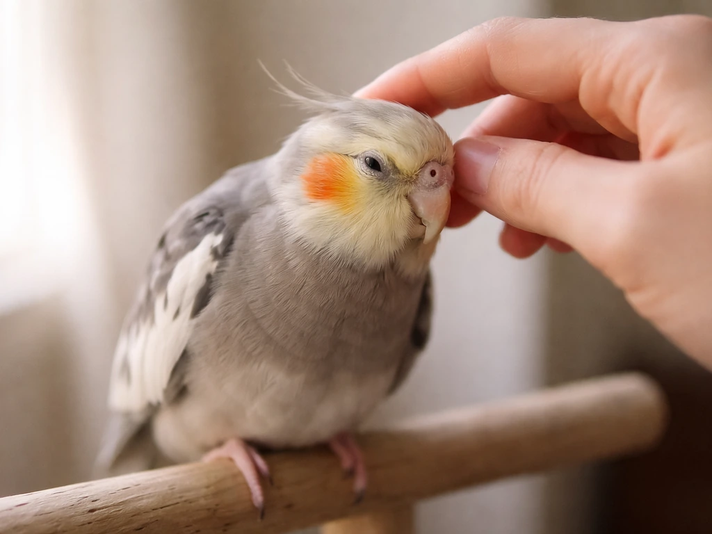 A relaxed pet bird perched on a dowel while a hand gently pets its head/neck.