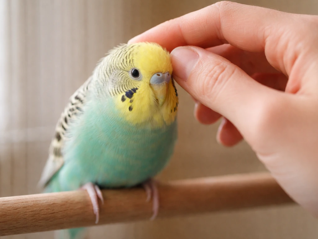 Close-up of a small pet bird being gently petted on the head and neck in a calm home setting