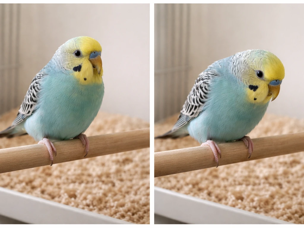 Minimal side-by-side photo layout: a calm bird with relaxed posture versus a second bird showing regurgitation posture.