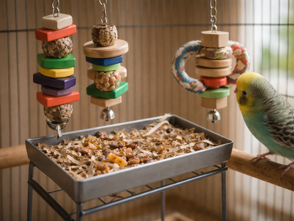 Close-up of a pet bird enrichment setup: rotating toys and a foraging tray on a simple stand.