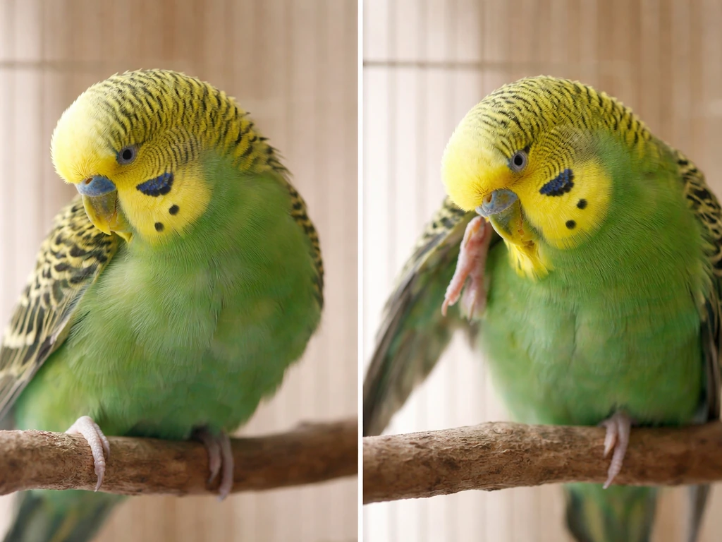 Two-panel view: a relaxed parakeet preening, and a second parakeet scratching its head irritably.