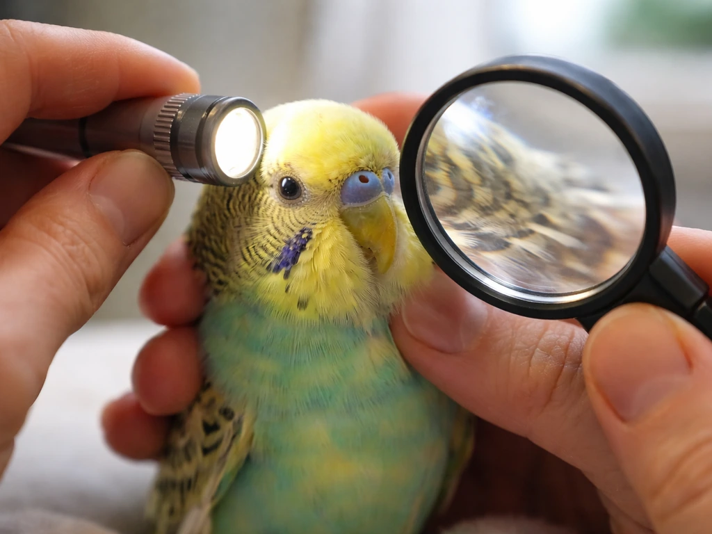 Close-up of a bird being gently inspected under good light with a magnifier and small flashlight