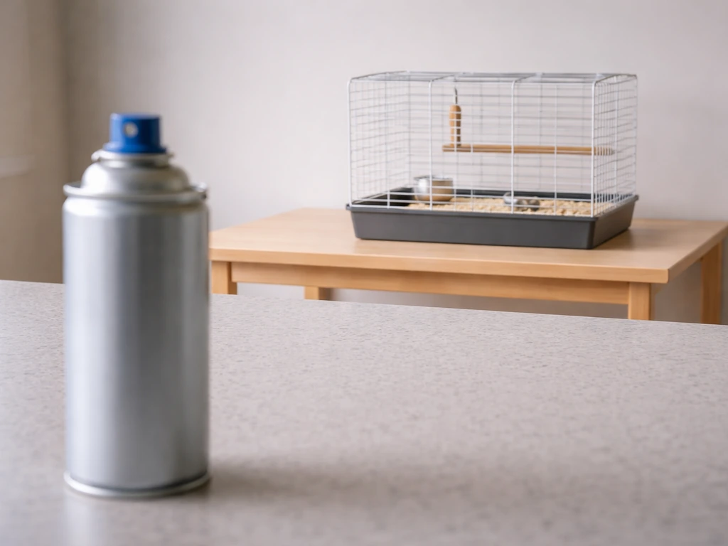 Clean bird cage placed far from a closed aerosol can in a simple kitchen safety setup.