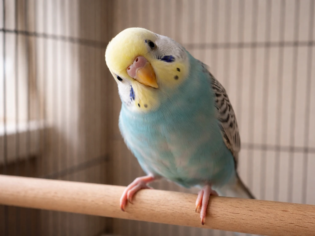 Small pet bird wobbling on a perch inside a simple cage, close-up with blurred home background.