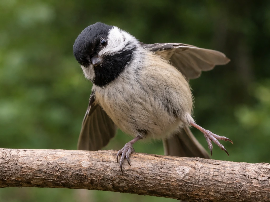 Small songbird perched on a branch swaying and reaching out to steady itself, looking off-balance in natural light.