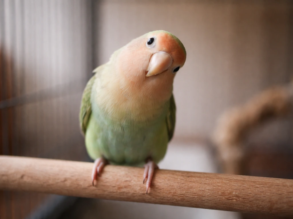 A small pet bird standing on a perch with head tilt and slight tremor, suggesting neurologic imbalance.