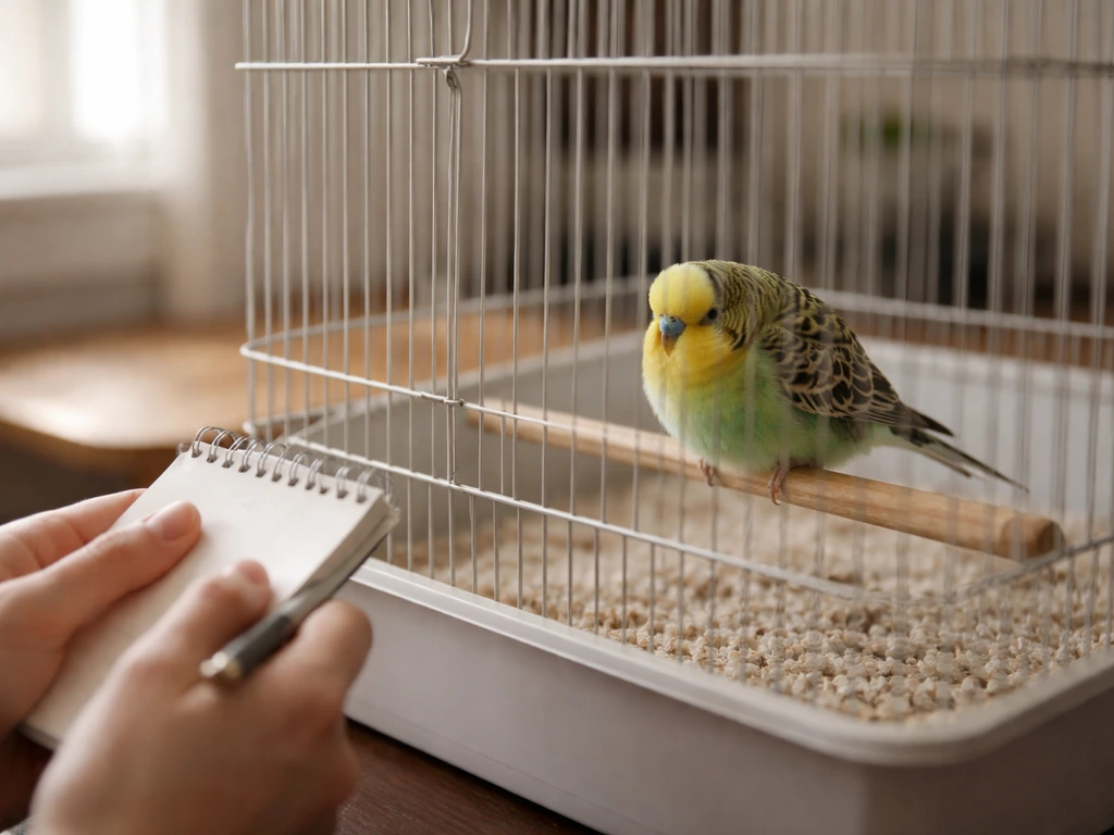 Caregiver watches a pet bird’s posture and tail movement outside its cage, with a notepad nearby.