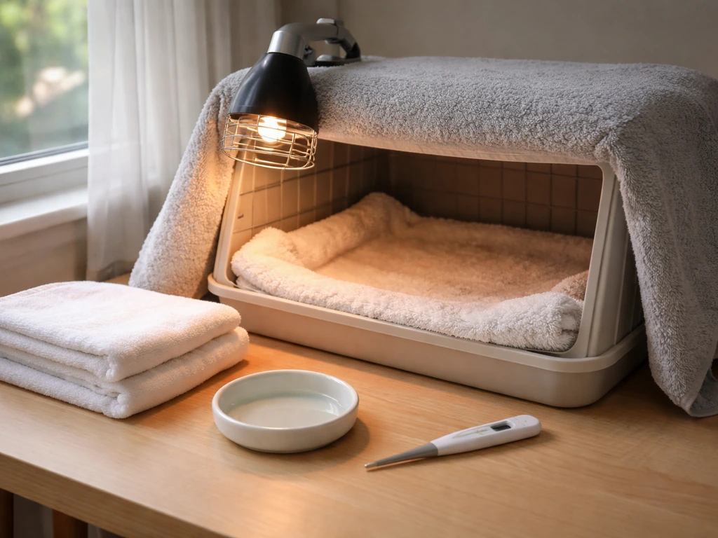 Warm, draft-free first-aid setup for an injured bird with a heat source and towel-lined resting area.