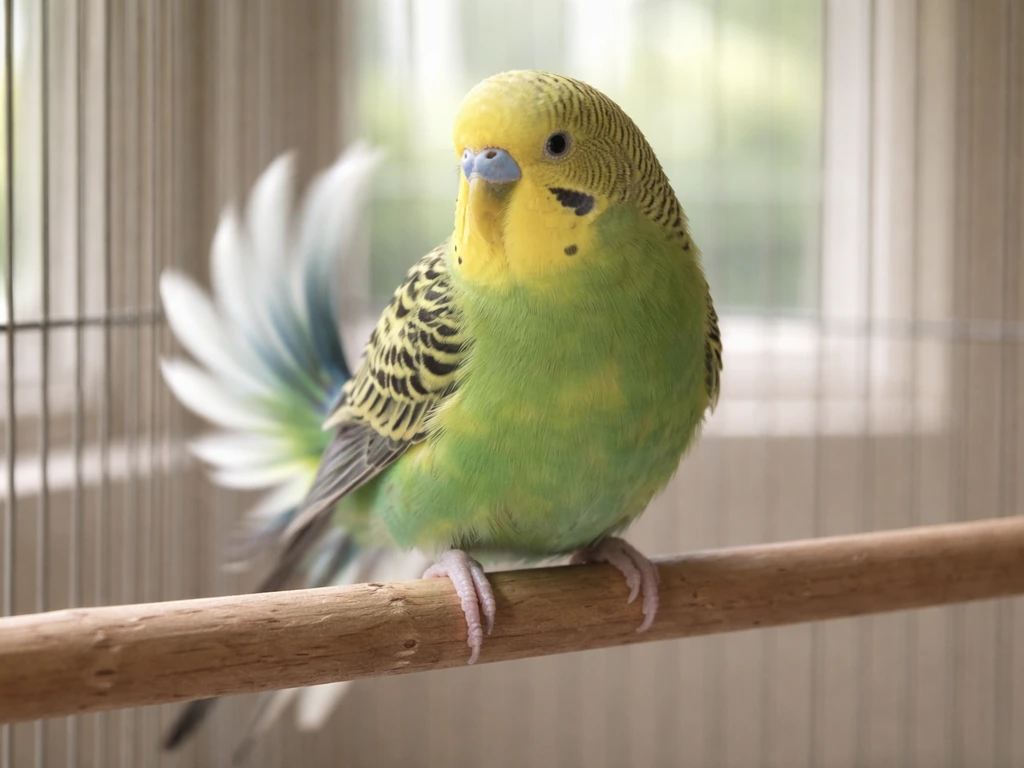 A calm pet budgie perched on a wooden dowel performing a small tail shake in natural window light.