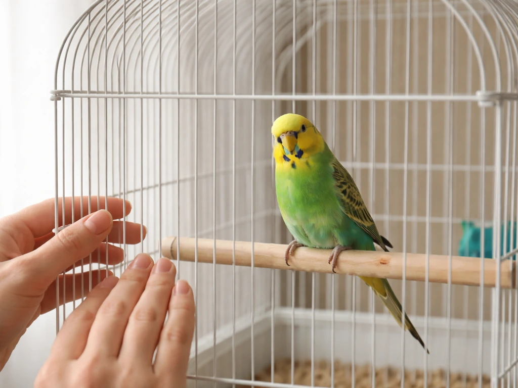 A small pet bird perched inside a clean cage while caregiver hands observe posture and tail movement.