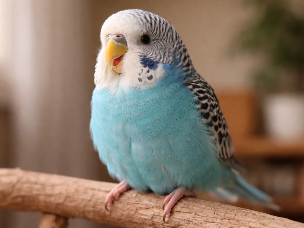 Close-up of a small pet bird with visible chest movement and slight tail bobbing while breathing.