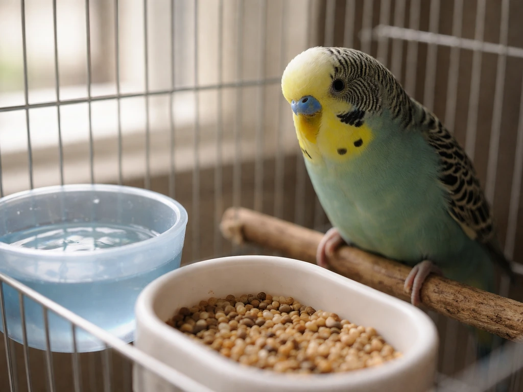Concerned pet bird near an empty-looking water cup and food dish, reluctance to eat or drink