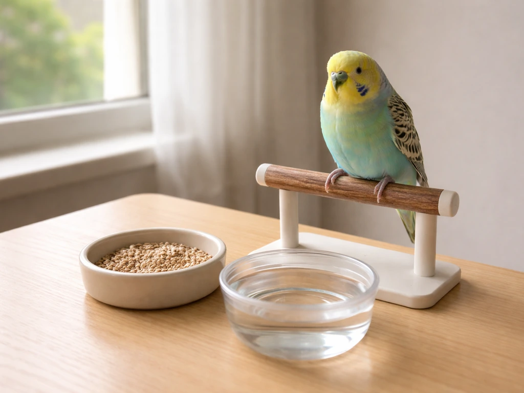 Calm pet bird perched beside empty food and water bowls on a simple home tabletop.