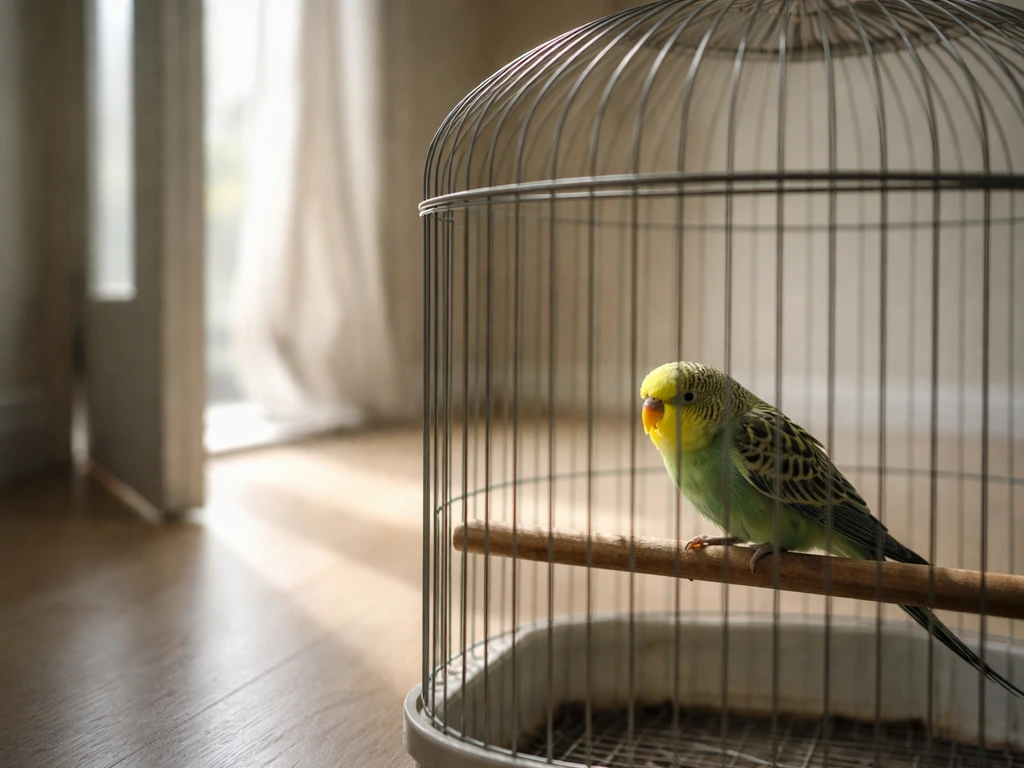 Small pet bird perched inside a cage near a slightly open door with soft draft light, looking uneasy.
