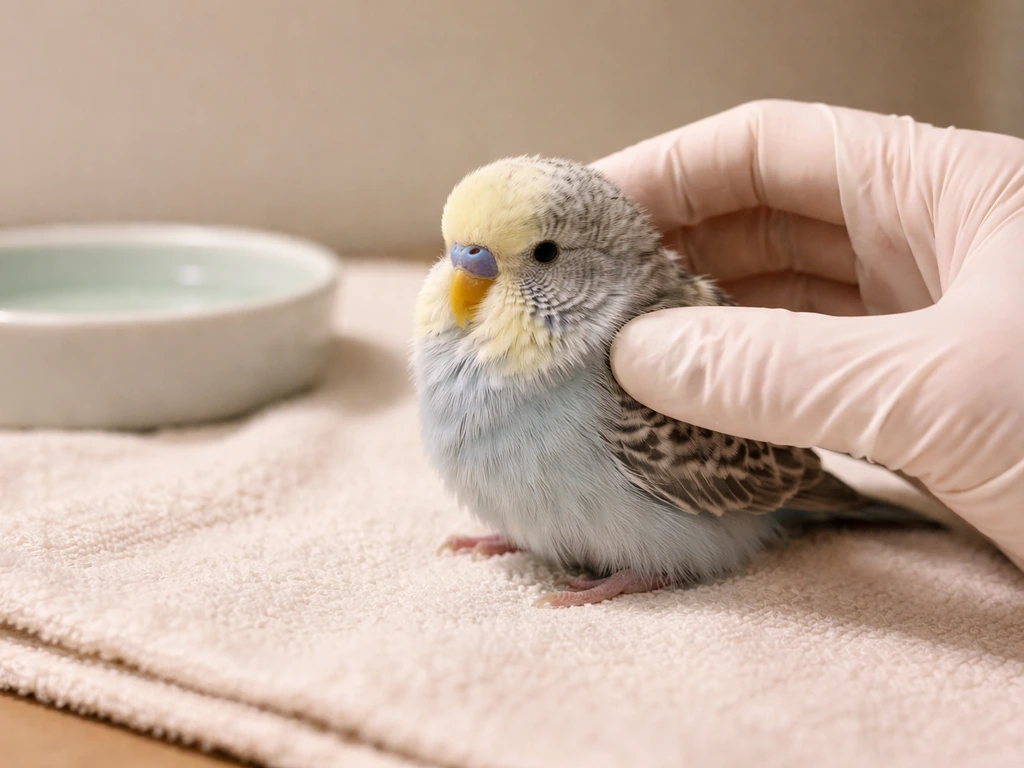 Vet-like inspection of an ill bird with fluffed feathers near a water dish in a quiet, safe setting.