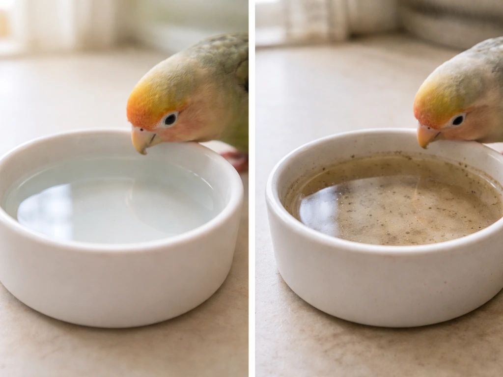 Side-by-side clean vs dirty bird water setup, with a small bird leaning toward fresh water.