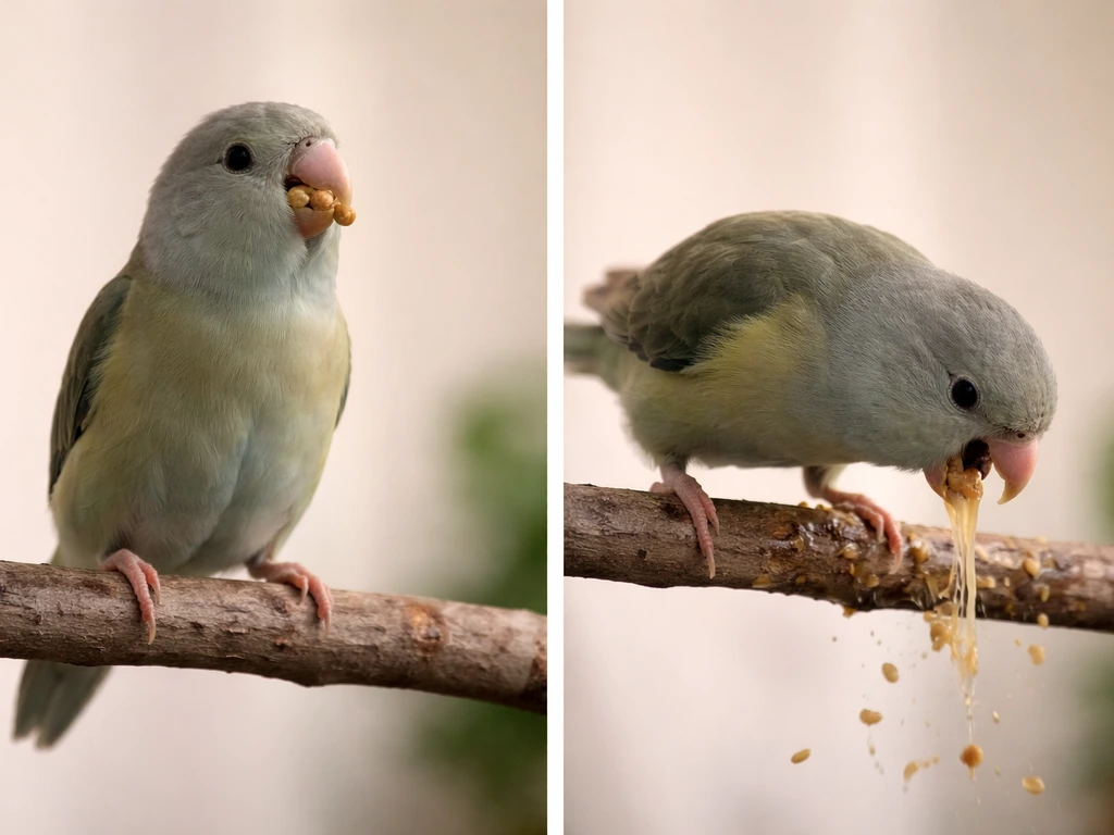 Side-by-side: a bird gently regurgitating whole seeds vs forceful, messier expulsion on a perch.