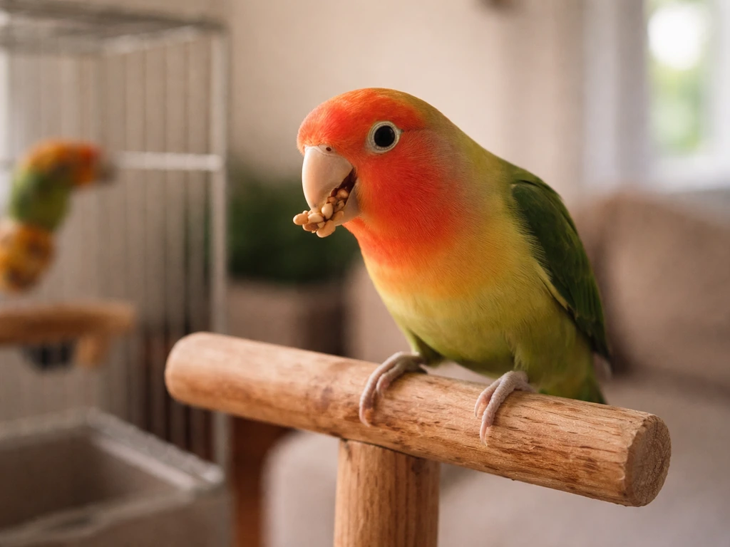 A small parrot gently regurgitating seeds toward its perch, bonding-feeding behavior in a cozy home setting.