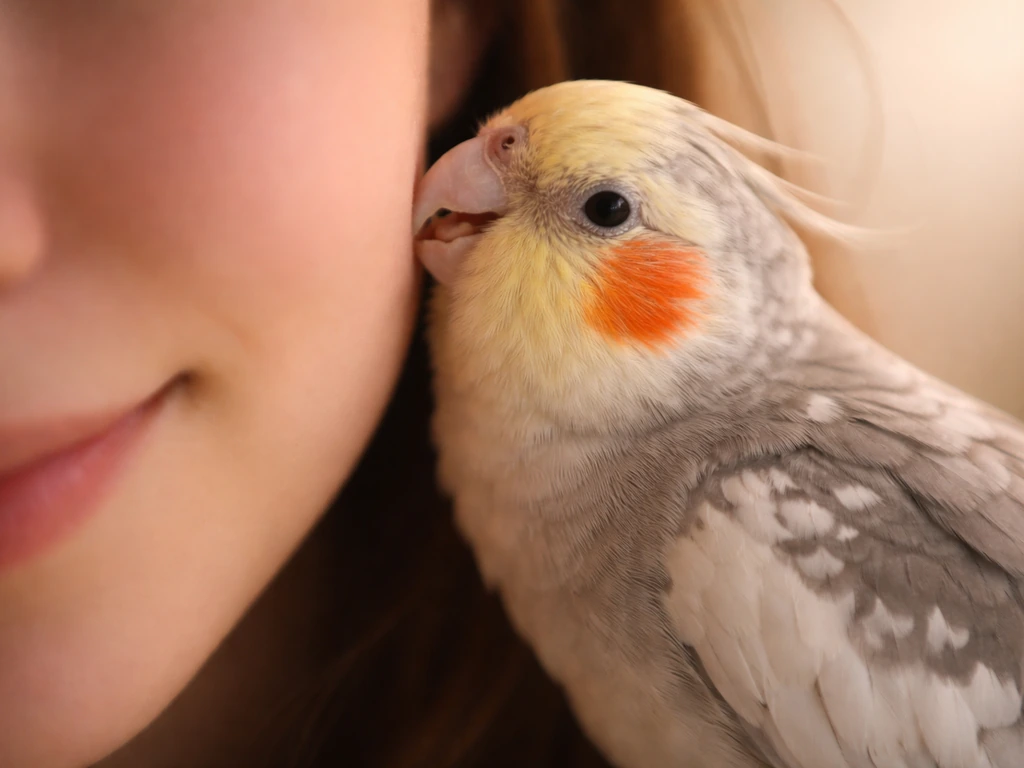Calm pet bird gently licking a person’s cheek in a relaxed, affectionate moment.