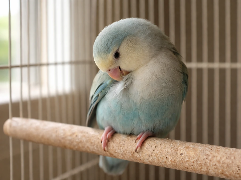 Small pet bird redirecting to its beak/face area as if grooming, in a calm indoor setting