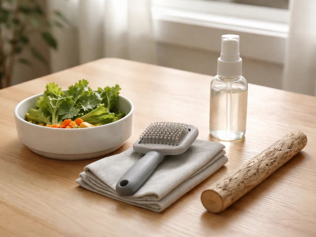 Minimal home-audit scene with fresh food, clean grooming brush, and a tidy perch area for pet care checks.
