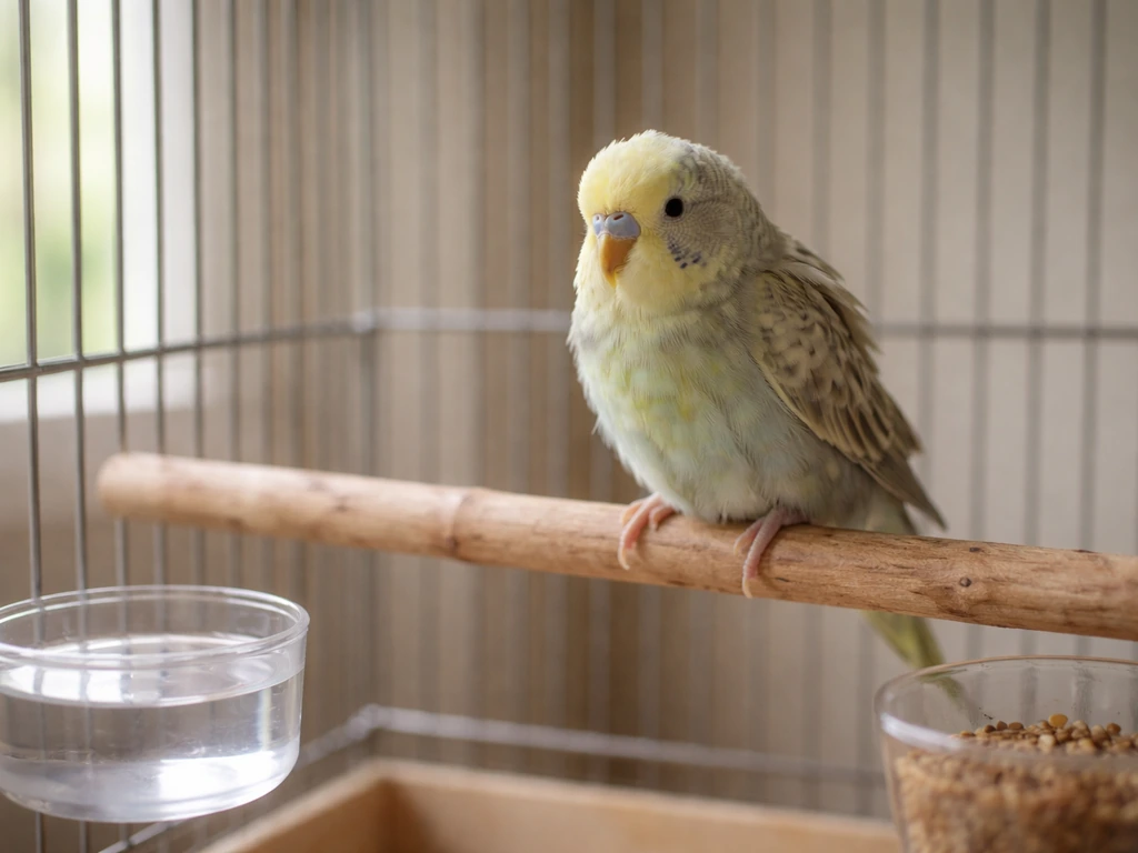 Small pet bird perched in a cage, alert but slightly ruffled, conveying possible stress or health concern