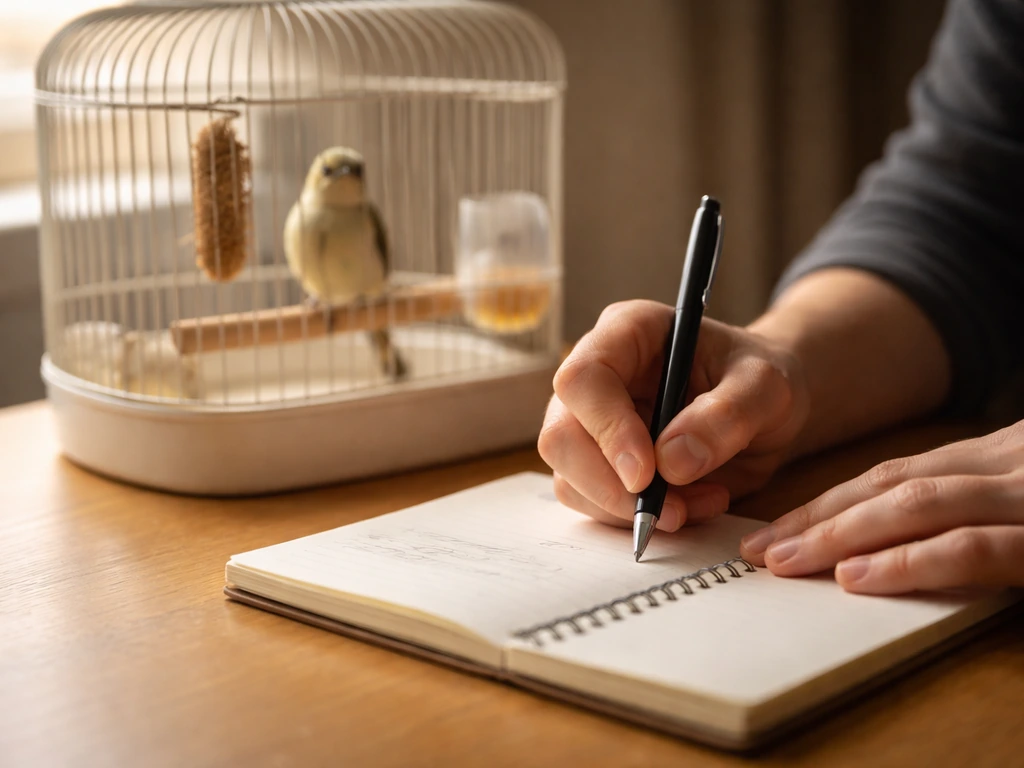 Bird keeper jotting notes beside a small cage, documenting a bird’s posture and breathing.