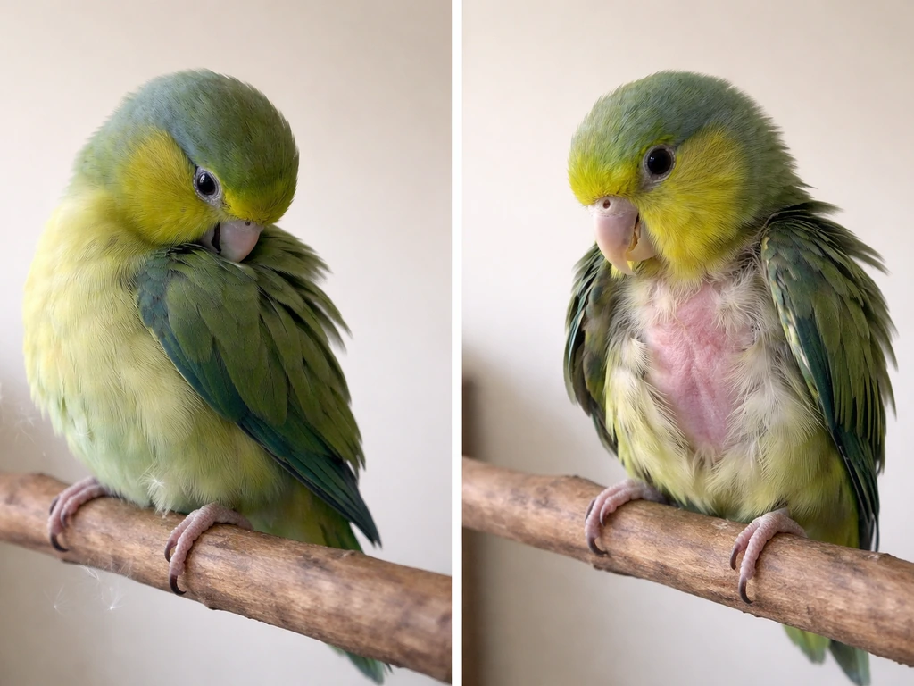 Two close-up views of a small pet bird preening vs bare-feather loss on chest and wing.