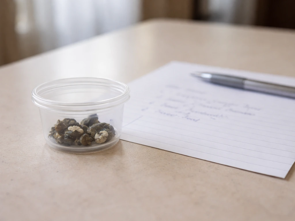 Lined paper checklist with timestamp and a small container of fresh bird droppings for an avian vet visit.