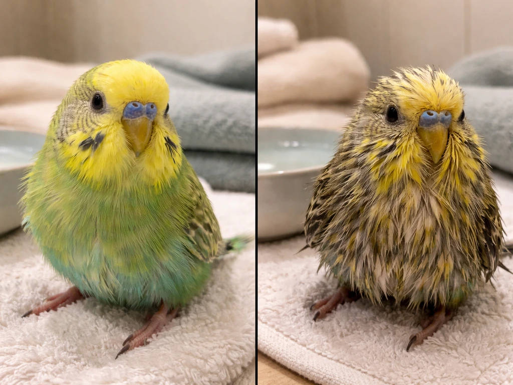 Split close-up of a bird after bath: clean neatly dried feathers vs visibly dirty clumped damp feathers.