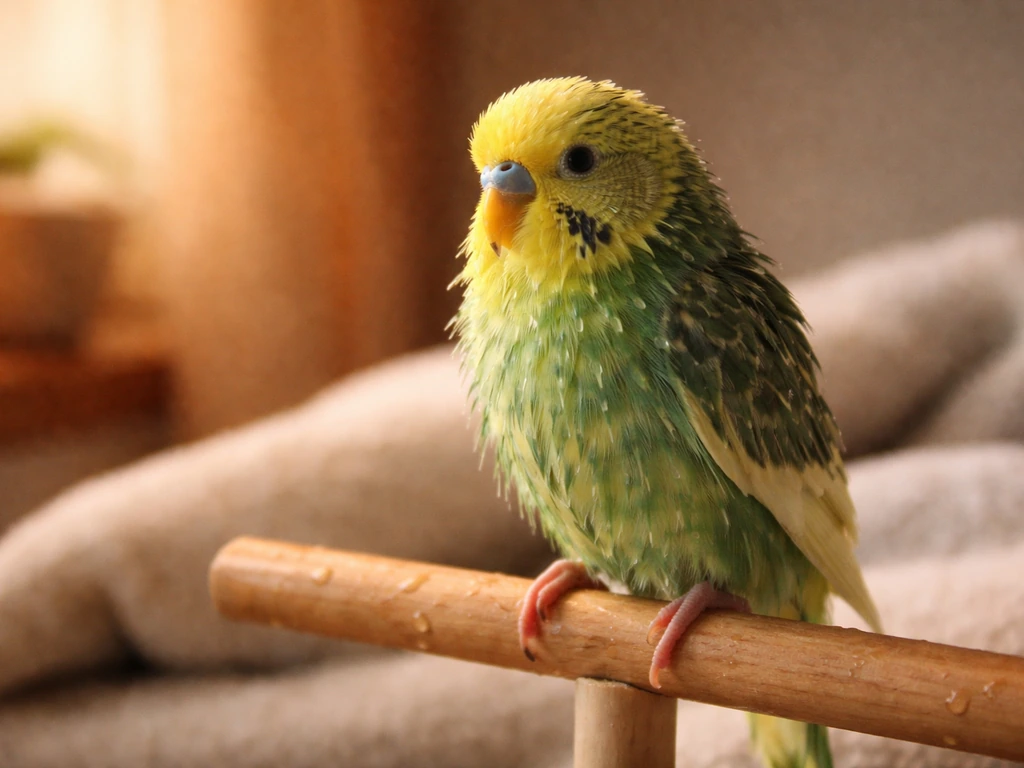 A small pet bird perched indoors with visibly damp feathers after bathing, drying in warm, draft-free light.