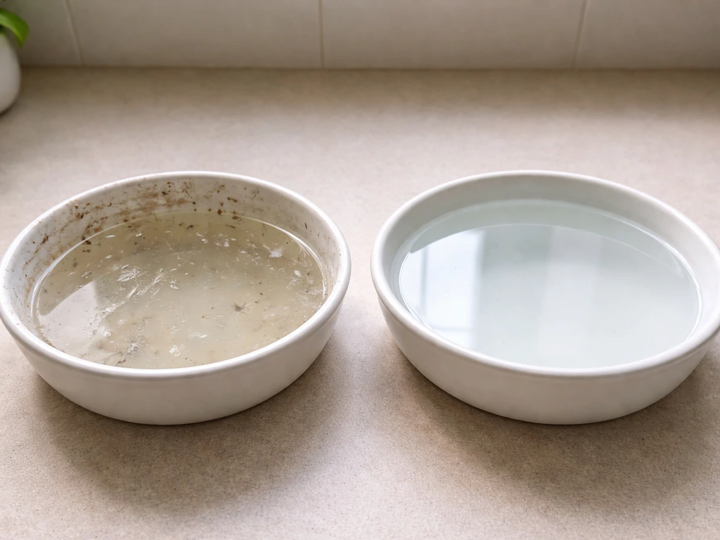 Two shallow bath dishes side-by-side: one cloudy with dander, one clean with clear water.
