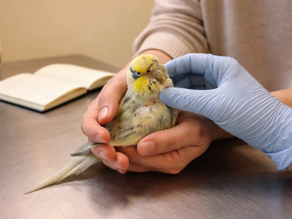 Owner and avian vet gently assess a small pet bird in a clean clinic, with a blank notebook nearby.