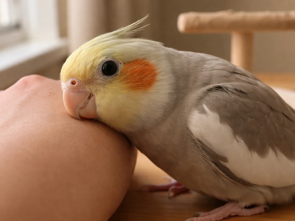 Pet bird gently rubs its beak on an owner’s hand after eating in a calm, safe moment.