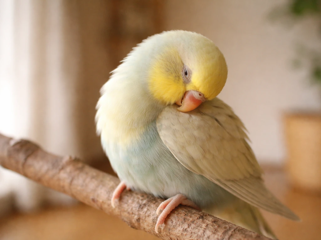 A small bird calmly rubs its beak side-to-side while grooming on a wooden perch.