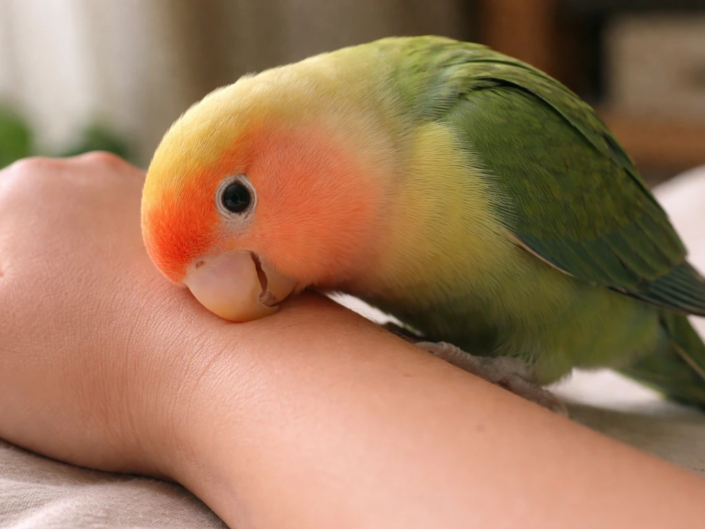 Small pet parrot gently rubbing its beak against a person’s hand in warm natural light.